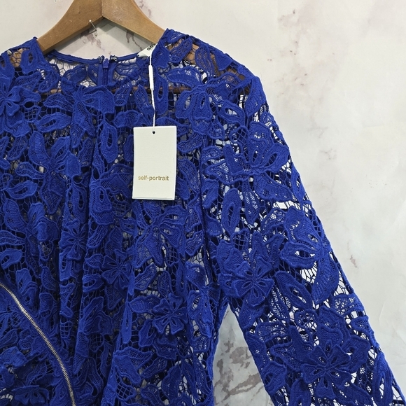 Self Portrait Dress Womens 8 Blue 3D Lily Mini Lace Crochet Zip Floral Royal - Picture 12 of 14